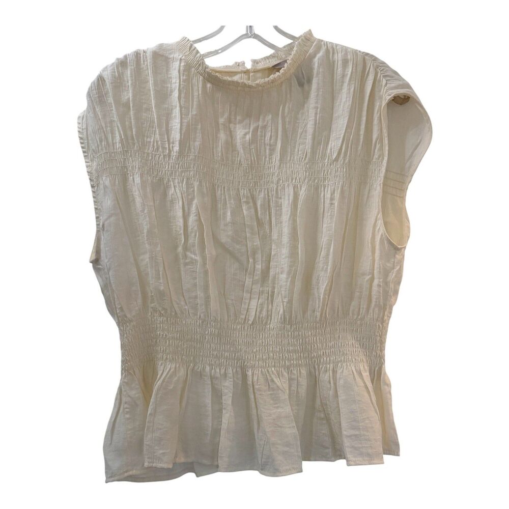 H & M Womens Smocked Peplum Blouse Sleeveless Ruffle Neck Top Size Medium Cream